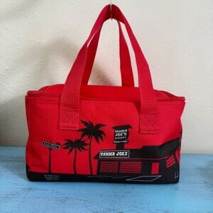 NWOT Trader Joes Red Insulated Lunch Tote Bag With Black Palm Tree & Market Desi